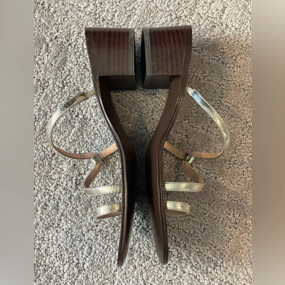 J. Crew Metallic and Brown Strappy Toe Ring Sandals, Stacked 2” Block Heel, 6